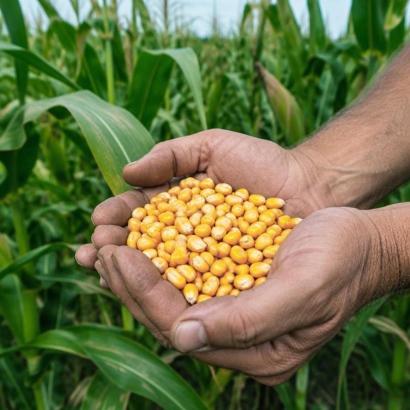 Manos sosteniendo granos de maíz en un campo agrícola